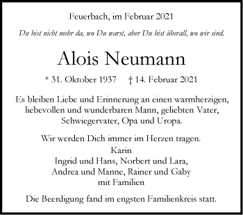Traueranzeige von Alois Neumann von Stuttgarter Zeitung / Stuttgarter Nachrichten