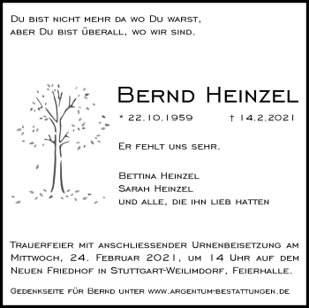 Traueranzeige von Bernd Heinzel von Stuttgarter Zeitung / Stuttgarter Nachrichten