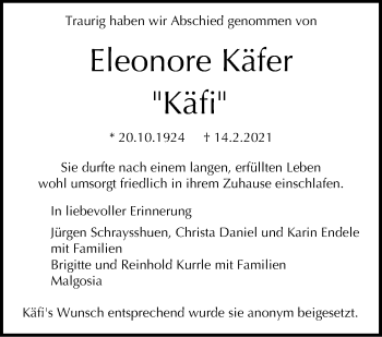 Traueranzeige von Elenore Käfer von Stuttgarter Zeitung / Stuttgarter Nachrichten