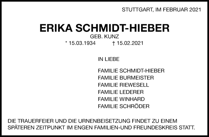  Traueranzeige für Erika Schmidt-Hieber vom 18.02.2021 aus Stuttgarter Zeitung / Stuttgarter Nachrichten