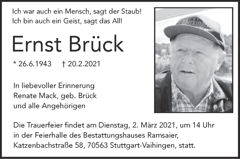  Traueranzeige für Ernst Brück vom 27.02.2021 aus Stuttgarter Zeitung / Stuttgarter Nachrichten