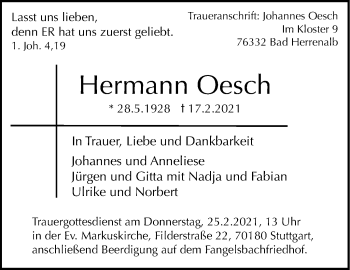 Traueranzeige von Hermann Oesch von Stuttgarter Zeitung / Stuttgarter Nachrichten