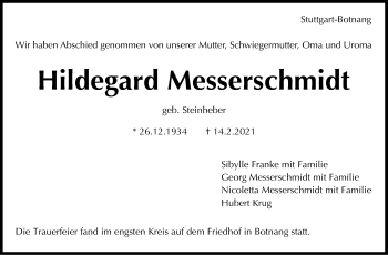 Traueranzeige von Hildegard Messerschmidt von Stuttgarter Zeitung / Stuttgarter Nachrichten