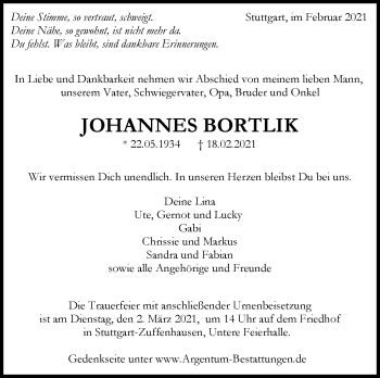 Traueranzeige von Johannes Bortlik von Stuttgarter Zeitung / Stuttgarter Nachrichten