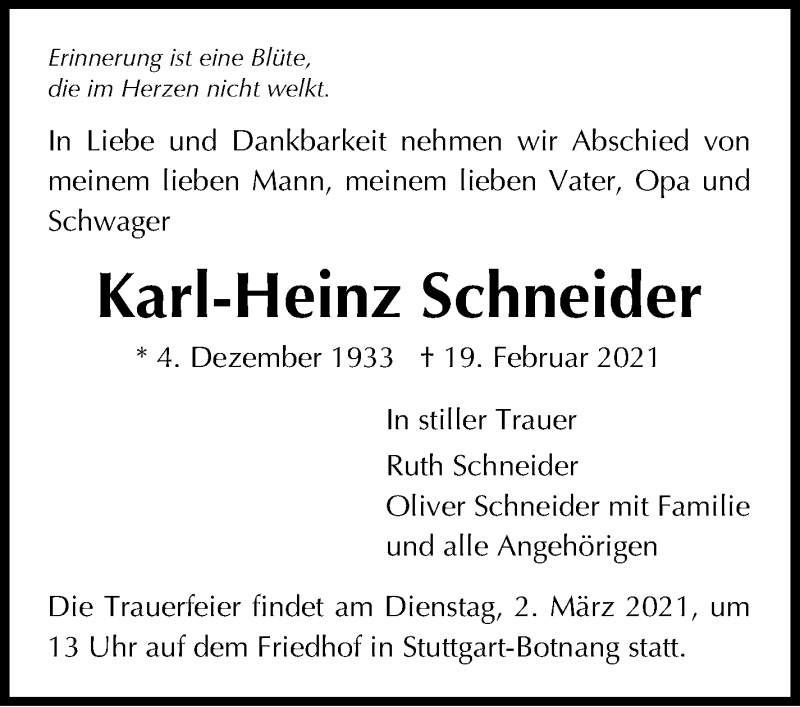  Traueranzeige für Karl-Heinz Schneider vom 24.02.2021 aus Stuttgarter Zeitung / Stuttgarter Nachrichten