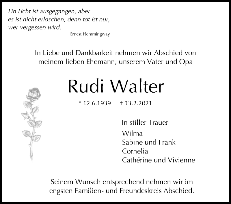  Traueranzeige für Rudi Walter vom 20.02.2021 aus Stuttgarter Zeitung / Stuttgarter Nachrichten