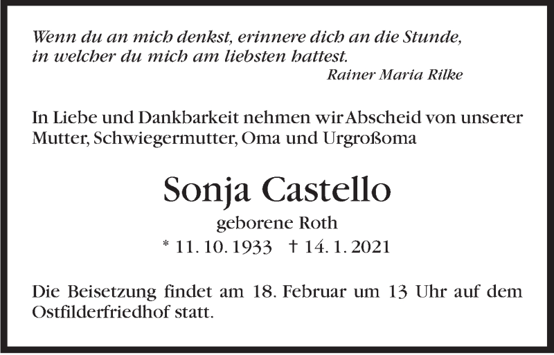  Traueranzeige für Sonja Castello vom 13.02.2021 aus Stuttgarter Zeitung / Stuttgarter Nachrichten