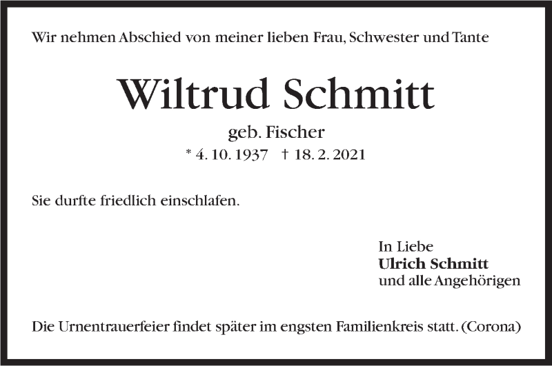  Traueranzeige für Wiltrud Schmitt vom 24.02.2021 aus Stuttgarter Zeitung / Stuttgarter Nachrichten