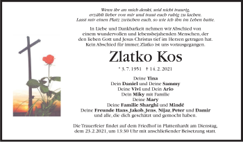 Traueranzeige von Zlatko Kos von Stuttgarter Zeitung / Stuttgarter Nachrichten