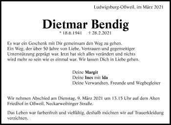 Traueranzeige von Dietmar Bendig von Stuttgarter Zeitung / Stuttgarter Nachrichten