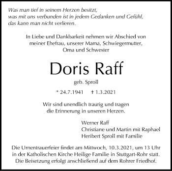 Traueranzeige von Doris Raff von Stuttgarter Zeitung / Stuttgarter Nachrichten