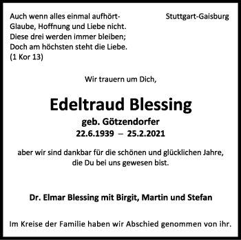 Traueranzeige von Edeltraud Blessing von Stuttgarter Zeitung / Stuttgarter Nachrichten