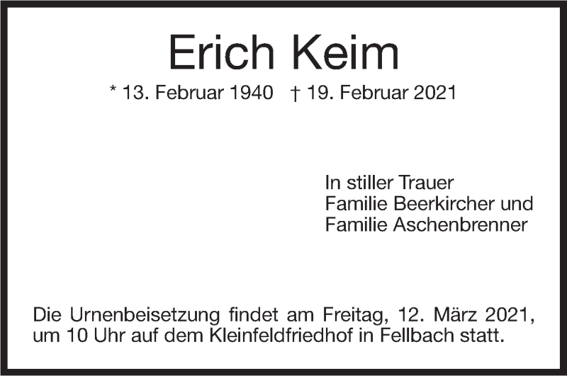  Traueranzeige für Erich Keim vom 06.03.2021 aus Stuttgarter Zeitung / Stuttgarter Nachrichten
