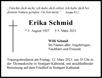 Traueranzeige von Erika Schmid von Stuttgarter Zeitung / Stuttgarter Nachrichten