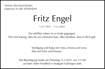 Traueranzeige von Fritz Engel von Stuttgarter Zeitung / Stuttgarter Nachrichten