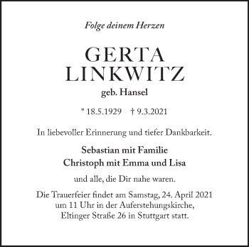 Traueranzeige von Gerta Linkwitz von Stuttgarter Zeitung / Stuttgarter Nachrichten