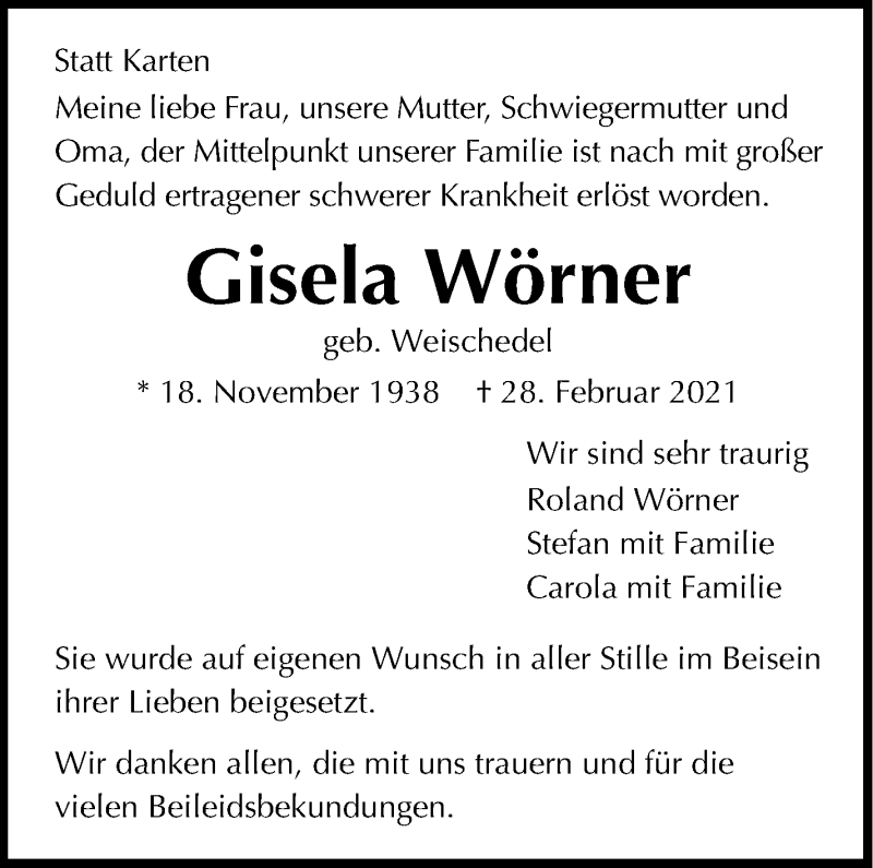  Traueranzeige für Gisela Wörner vom 25.03.2021 aus Stuttgarter Zeitung / Stuttgarter Nachrichten
