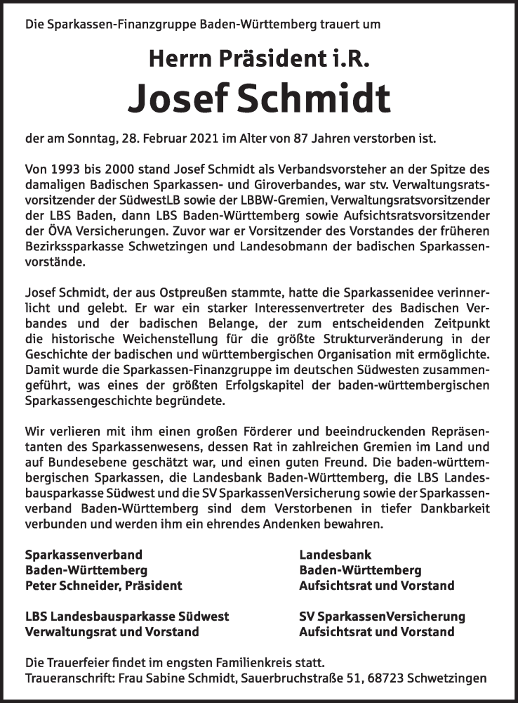  Traueranzeige für Josef Schmidt vom 06.03.2021 aus Stuttgarter Zeitung / Stuttgarter Nachrichten