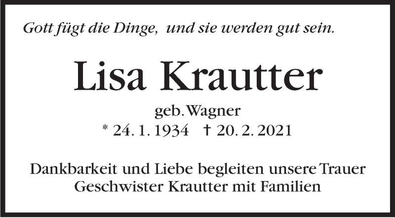  Traueranzeige für Lisa Krautter vom 06.03.2021 aus Stuttgarter Zeitung / Stuttgarter Nachrichten