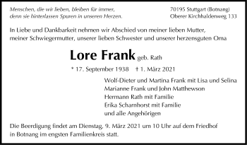 Traueranzeige von Lore Frank von Stuttgarter Zeitung / Stuttgarter Nachrichten
