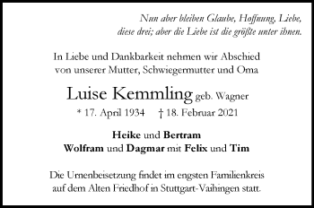 Traueranzeige von Luise Kemmling von Stuttgarter Zeitung / Stuttgarter Nachrichten