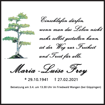 Traueranzeige von Maria-Luise Frey von Stuttgarter Zeitung / Stuttgarter Nachrichten