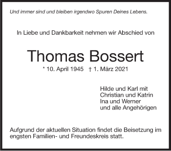 Traueranzeige von Thomas Bossert von Stuttgarter Zeitung / Stuttgarter Nachrichten