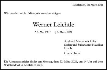 Traueranzeige von Werner Leichtle von Stuttgarter Zeitung / Stuttgarter Nachrichten