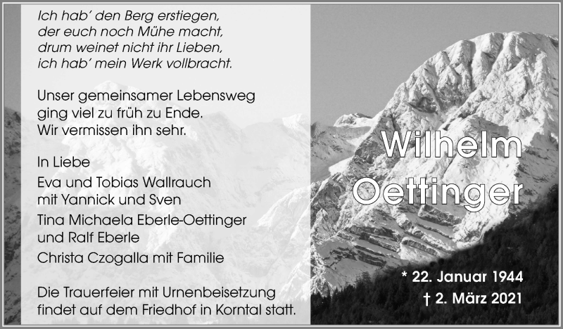  Traueranzeige für Wilhelm Oettinger vom 06.03.2021 aus Stuttgarter Zeitung / Stuttgarter Nachrichten