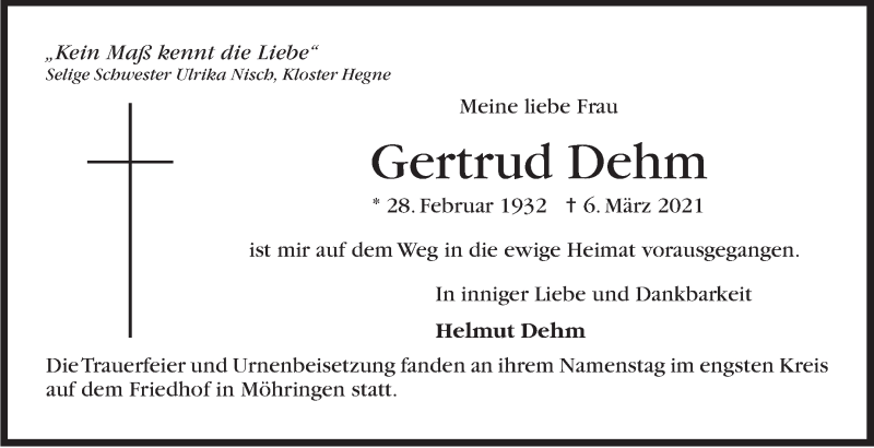  Traueranzeige für Gertrud Dehm vom 03.04.2021 aus Stuttgarter Zeitung / Stuttgarter Nachrichten