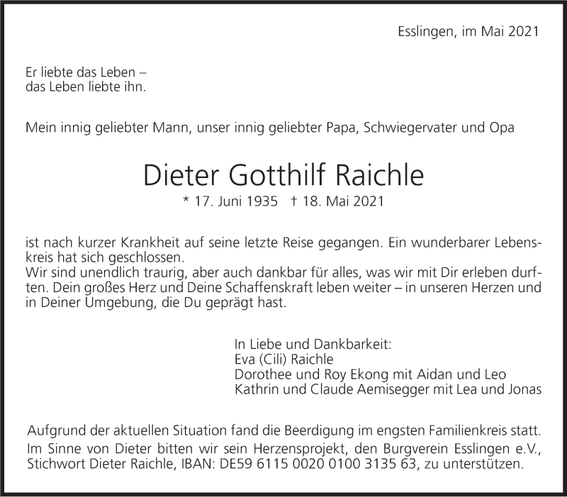 Traueranzeige für Dieter Gotthilf Raichle vom 29.05.2021 aus Stuttgarter Zeitung / Stuttgarter Nachrichten