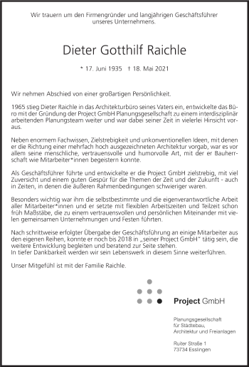 Traueranzeige von Dieter Gotthilf Raichle von Stuttgarter Zeitung / Stuttgarter Nachrichten