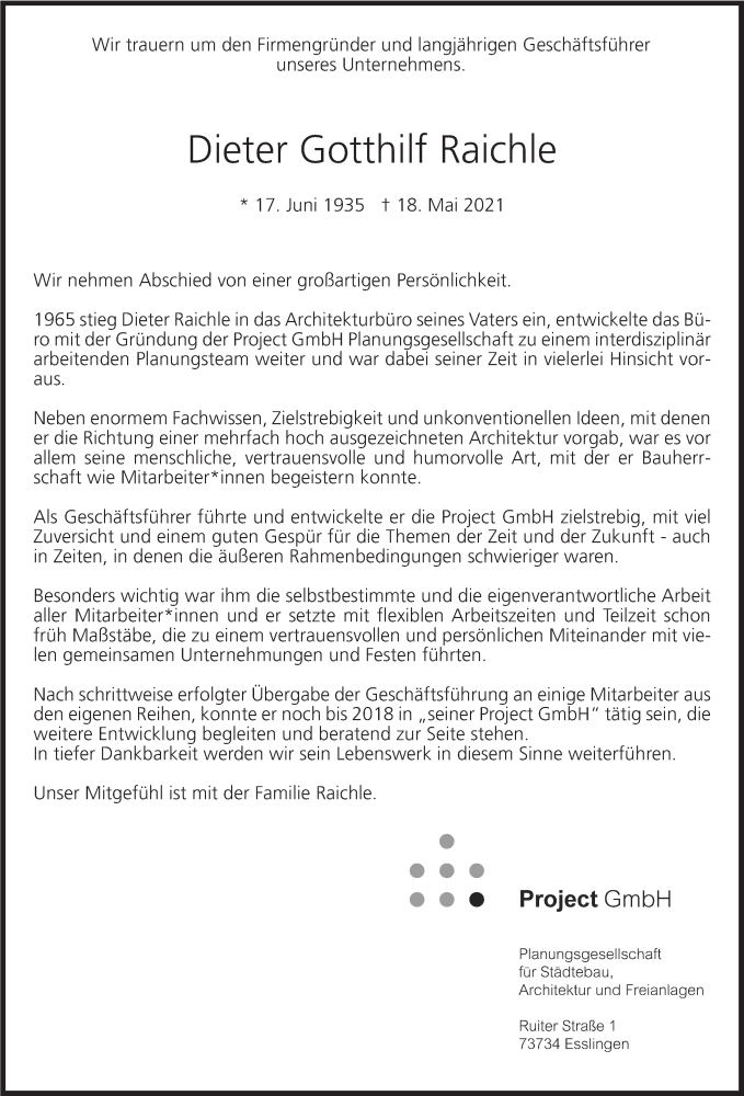  Traueranzeige für Dieter Gotthilf Raichle vom 29.05.2021 aus Stuttgarter Zeitung / Stuttgarter Nachrichten
