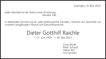 Traueranzeige von Dieter Gotthilf Raichle von Stuttgarter Zeitung / Stuttgarter Nachrichten