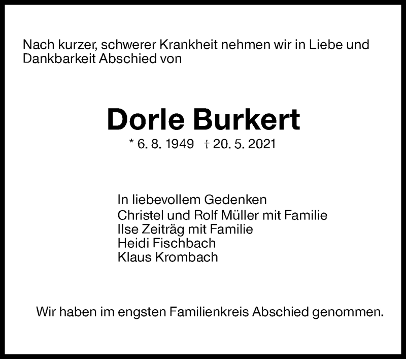  Traueranzeige für Dorle Burkert vom 27.05.2021 aus Stuttgarter Zeitung / Stuttgarter Nachrichten