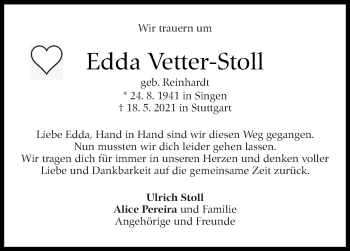 Traueranzeige von Edda Vetter-Stoll von Stuttgarter Zeitung / Stuttgarter Nachrichten