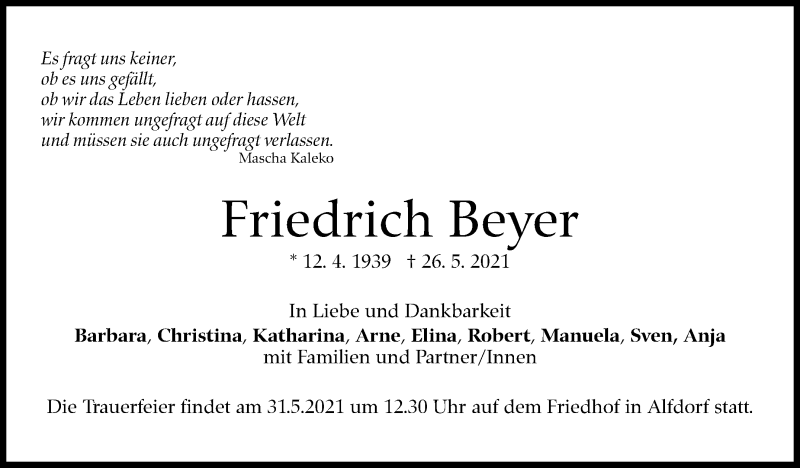  Traueranzeige für Friedrich Beyer vom 29.05.2021 aus Stuttgarter Zeitung / Stuttgarter Nachrichten