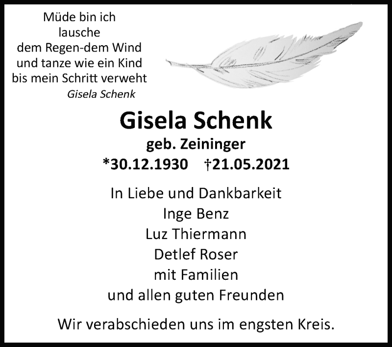  Traueranzeige für Gisela Schenk vom 29.05.2021 aus Stuttgarter Zeitung / Stuttgarter Nachrichten