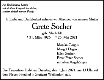 Traueranzeige von Grete Socher von Stuttgarter Zeitung / Stuttgarter Nachrichten