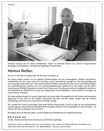 Traueranzeige von Helmut Reisser von Stuttgarter Zeitung / Stuttgarter Nachrichten