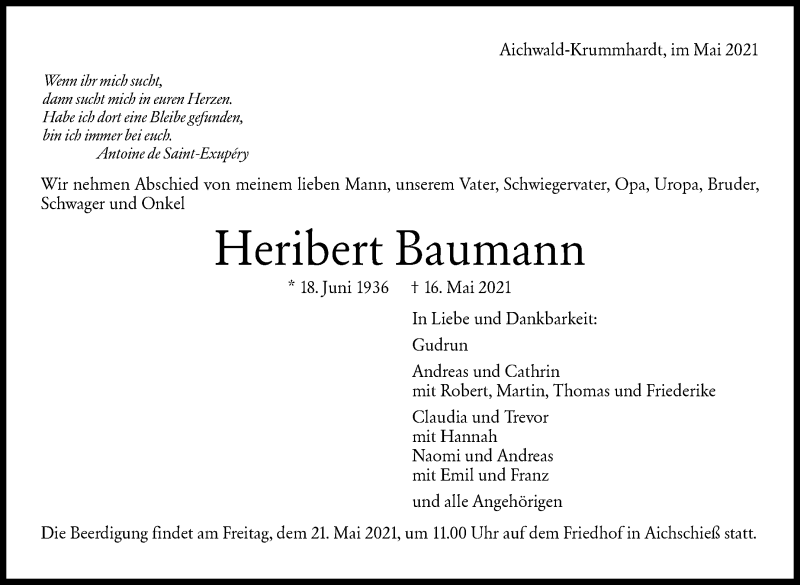  Traueranzeige für Heribert Baumann vom 19.05.2021 aus Stuttgarter Zeitung / Stuttgarter Nachrichten
