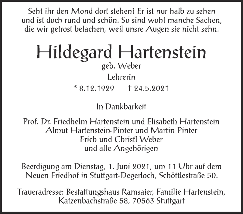  Traueranzeige für Hildegard Hartenstein vom 29.05.2021 aus Stuttgarter Zeitung / Stuttgarter Nachrichten