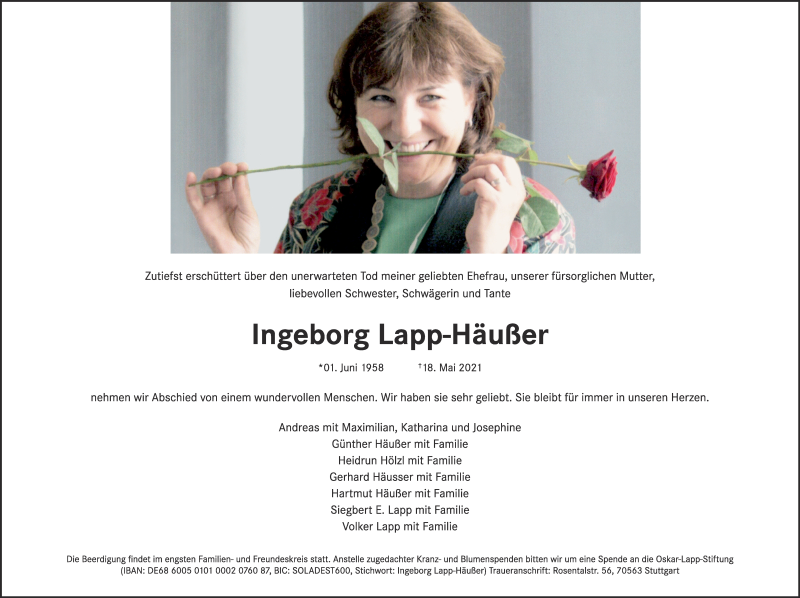  Traueranzeige für Ingeborg Lapp-Häußer vom 22.05.2021 aus Stuttgarter Zeitung / Stuttgarter Nachrichten