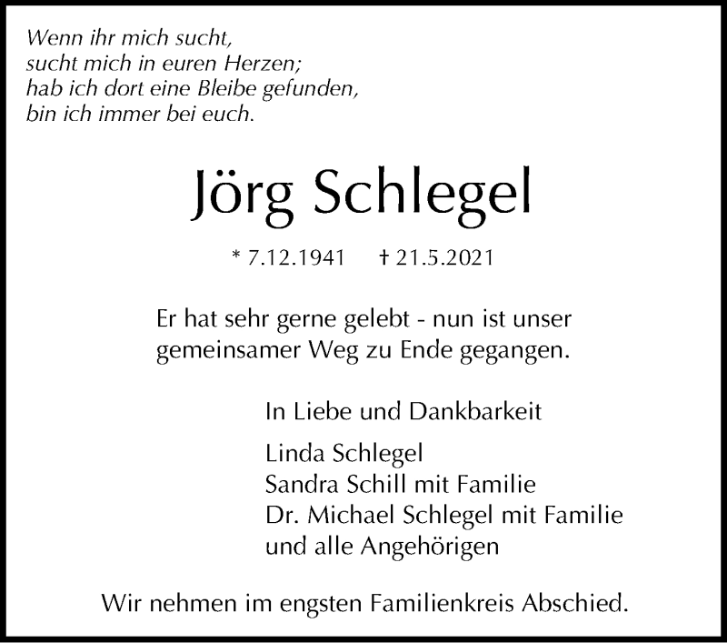  Traueranzeige für Jörg Schlegel vom 22.05.2021 aus Stuttgarter Zeitung / Stuttgarter Nachrichten