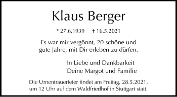 Traueranzeige von Klaus Berger von Stuttgarter Zeitung / Stuttgarter Nachrichten