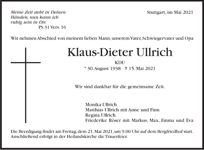  Traueranzeige für Klaus-Dieter Ullrich vom 19.05.2021 aus Stuttgarter Zeitung / Stuttgarter Nachrichten
