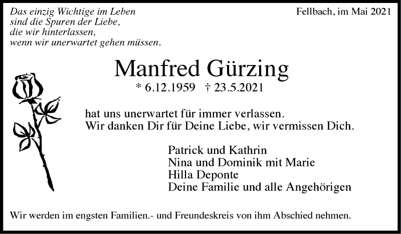  Traueranzeige für Manfred Gürzing vom 29.05.2021 aus Stuttgarter Zeitung / Stuttgarter Nachrichten