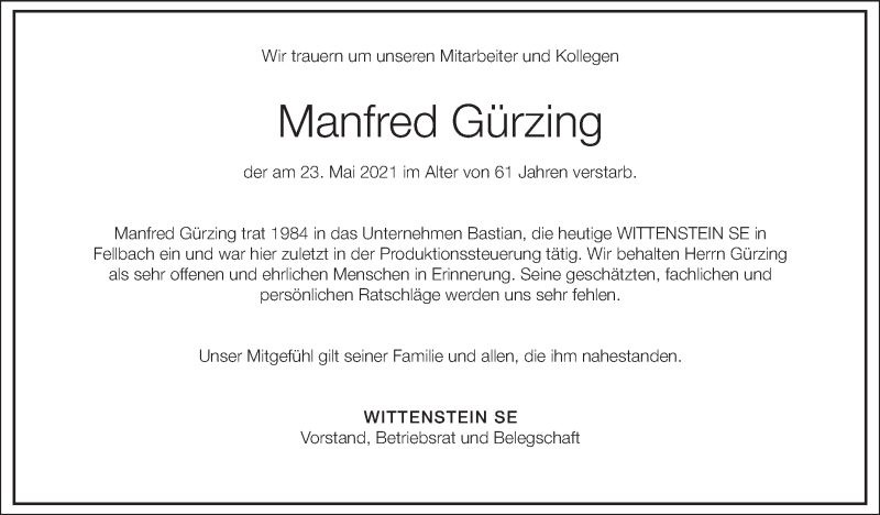  Traueranzeige für Manfred Gürzing vom 29.05.2021 aus Stuttgarter Zeitung / Stuttgarter Nachrichten