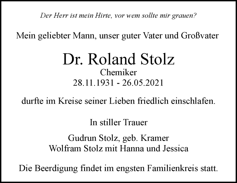  Traueranzeige für Roland Stolz vom 29.05.2021 aus Stuttgarter Zeitung / Stuttgarter Nachrichten