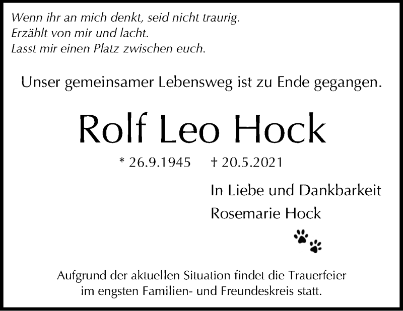  Traueranzeige für Rolf Leo Hock vom 29.05.2021 aus Stuttgarter Zeitung / Stuttgarter Nachrichten
